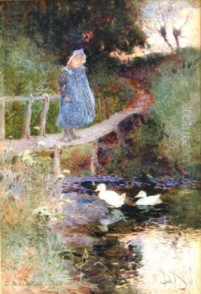 Young Girl On A Bridge With Ducks On The Water In Foreground Oil Painting by James Mackay