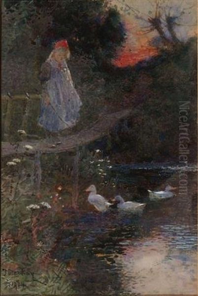 A Young Girl Beside A Duck Pond Oil Painting by James Mackay