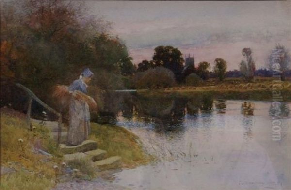 A Young Lady Holding A Sheaf Of Corn Beside A Riverbank Oil Painting by James Mackay