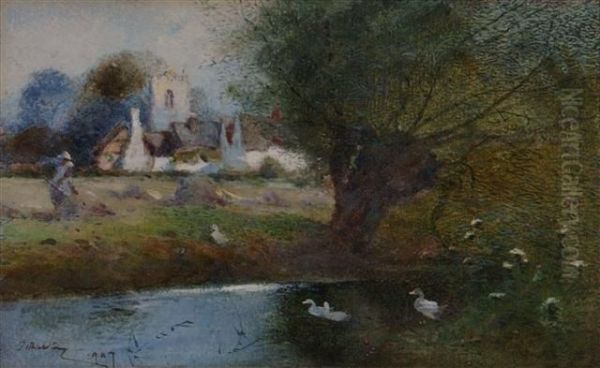 Haymaking By A Riverbank Oil Painting by James Mackay