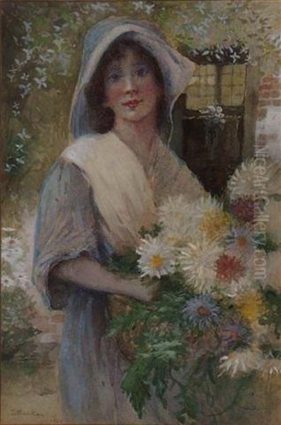 A Young Girl Holding A Bunch Of Flowers Outside A Cottage Oil Painting by James Mackay