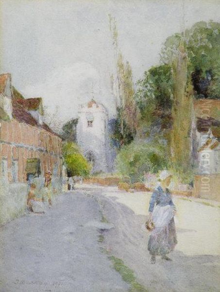 Figures On A Village Street With Church Beyond Oil Painting by Thomas Mackay