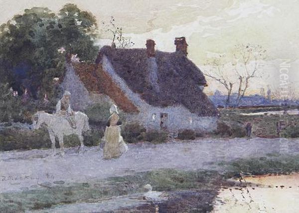 Figures By A Cottage At Sunset Oil Painting by Thomas Mackay