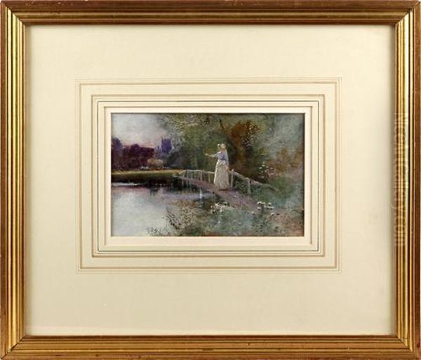 Woman On A Bridge With Harvesters Beyond Oil Painting by Thomas Mackay