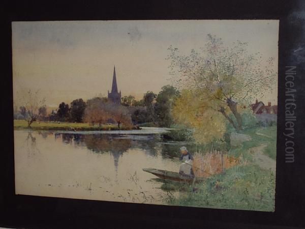 River Landscape With Young Girl In A Punt, And Church In The Distance Oil Painting by Thomas Mackay