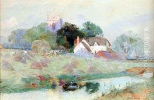 River Landscape With Hayfield Oil Painting by Thomas Mackay