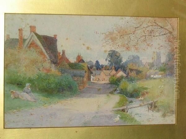 Country Village Lane With Brook Oil Painting by Thomas Mackay