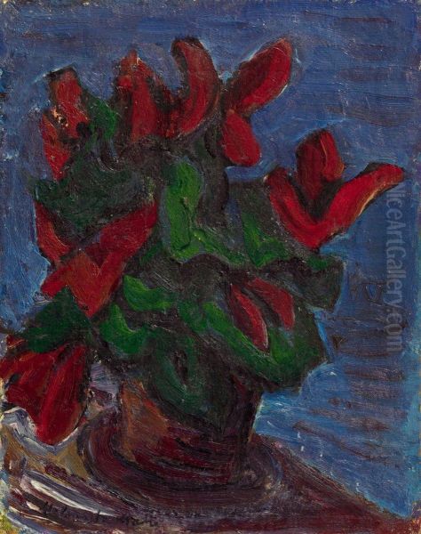 Blumenstilleben Mit Roten Bluten (alpenveilchen) Oil Painting by Helmut Macke