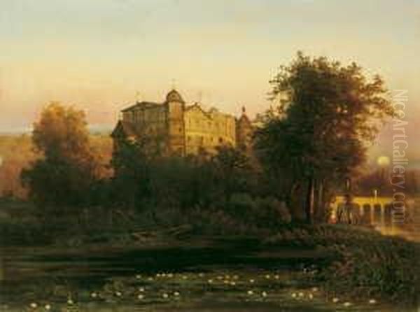 Vollmondbeschienene Romantische Landschaft Mit Einem Schloss. Signiert Unten Rechts: C. Mackeldey. Ol Auf Leinwand. H 67; B 88 Cm. Oil Painting by Bernhard Carl Mackeldey