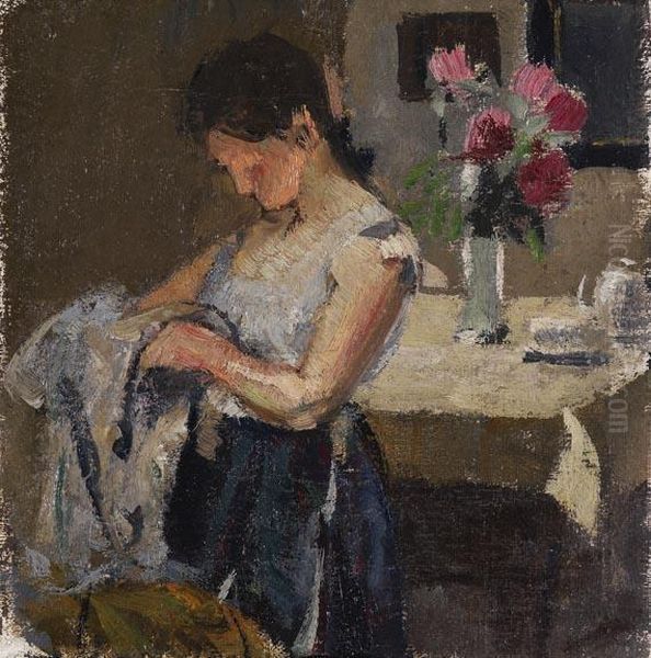 Junge Frau Mit Blumen Oil Painting by Fritz Mackensen