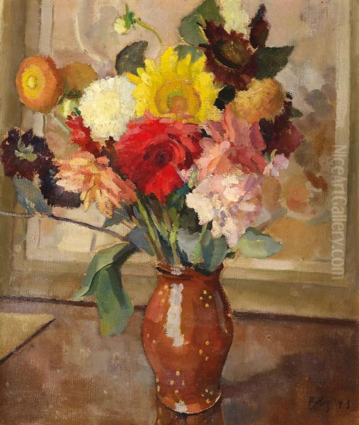 Still Life With Flowers In A Brown Jug By The Window Oil Painting by Fritz Mackensen