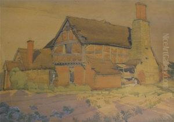 Scene Of Figures Outside A Half Timbered Farmhouse Oil Painting by Clarence V. Mackenzie