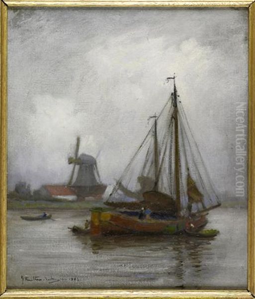 A Dutch Canal Scene Oil Painting by James Hamilton Mackenzie