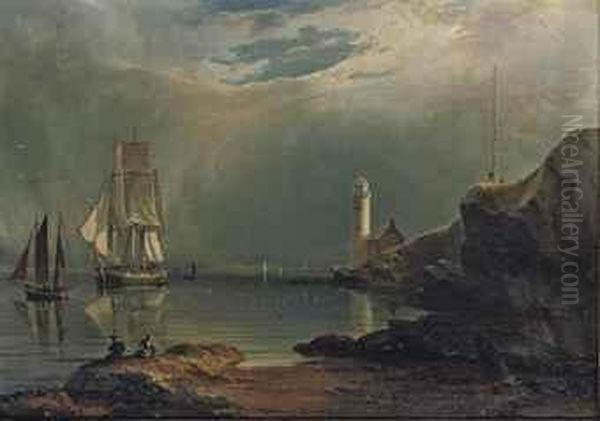 A Brigantine Lying At Anchor Off A Lighthouse, Drying Her Sails Oil Painting by Daniel Mackenzie Mackenzie