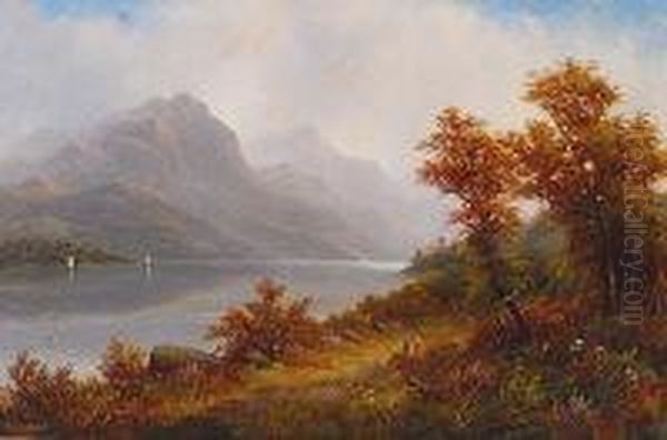 Landscape Scene With Figures By The Lakeside Oil Painting by Roderick D. Mackenzie