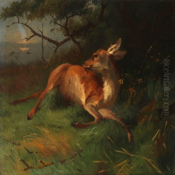 A Shot Deer Oil Painting by Adolf Henrik Mackeprang