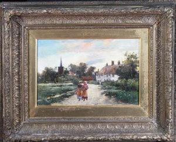 Two Girls On A Country Lane At Sunset With Thatched Houses And Achurch Spire In The Background Oil Painting by Thomas Eyre Macklin