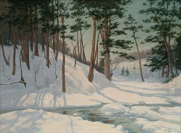 Winter Landscape With Pine Trees Oil Painting by Alexander Maclean