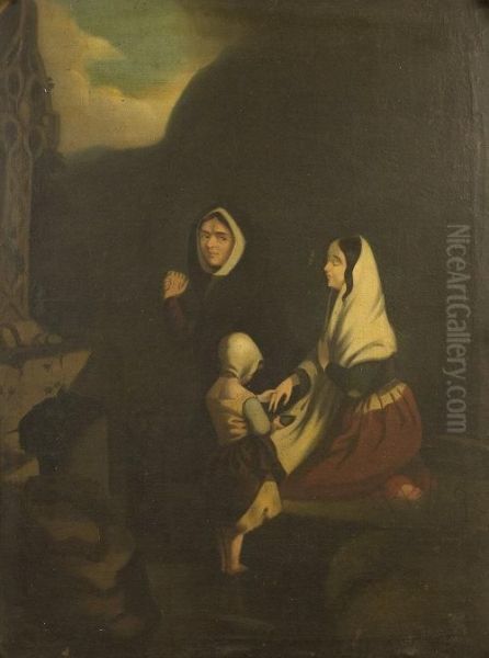 Two Ladies And A Child At The Foot Of A High Cross Oil Painting by Daniel Maclise