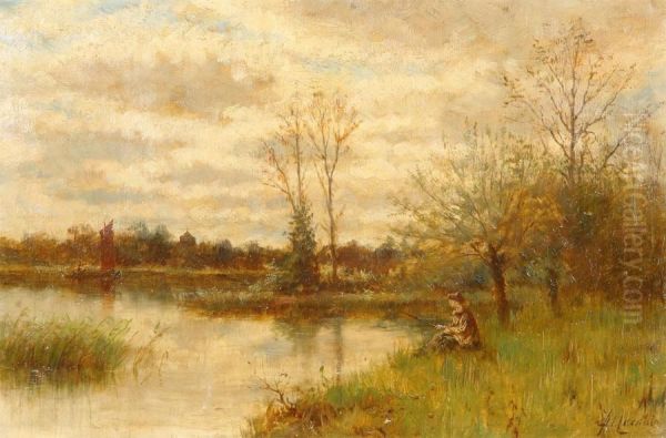 Fisherman At Loch Autumn Near The Village Of Much Hadman Oil Painting by Peter Macnab