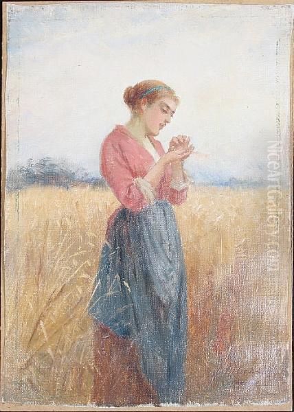 Girl Blowing Chaff From A Handful Of Wheat Oil Painting by Peter Macnab