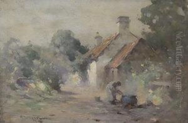 Woman By A Cauldron With A Cottage And Woodland Oil Painting by Robert Russell Macnee