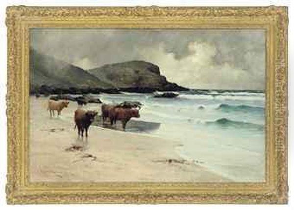 Highland Cattle On A Beach Oil Painting by Robert Russell Macnee