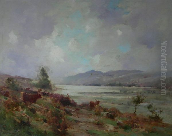 Highland Cattle On A Hillside Oil Painting by Robert Russell Macnee