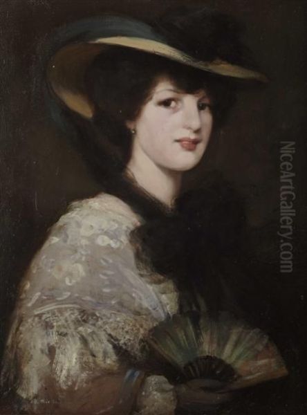 Portrait Of A Lady With A Fan Oil Painting by Bessie MacNicol