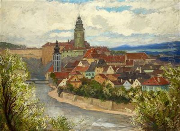 A View Of Cesky Krumlov Oil Painting by Gustav Macoun