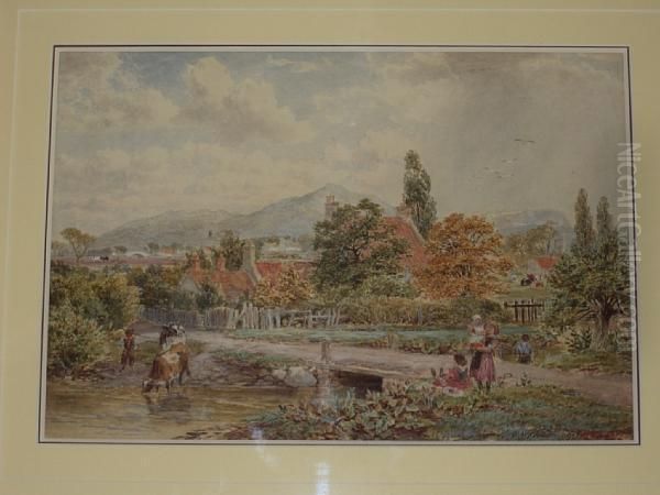 Village Scene With Children By A Stream Andcattle Watering Oil Painting by John MacPherson