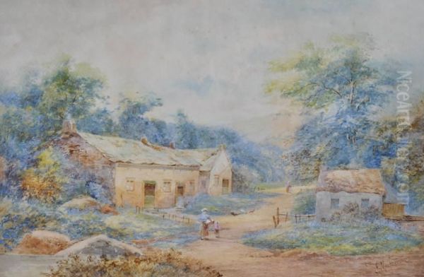 Figures Near Thatched Farm Buildings Oil Painting by John MacPherson