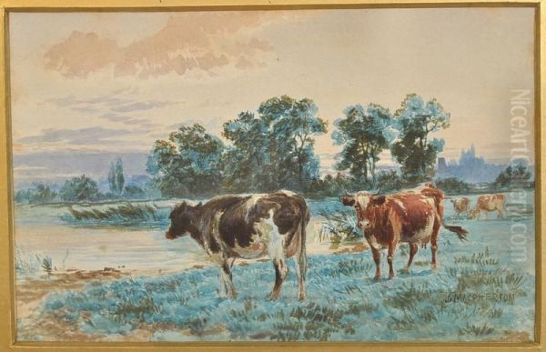 Cattle Grazing In A River Meadow With Trees And A Distant Town Beyond Oil Painting by John MacPherson