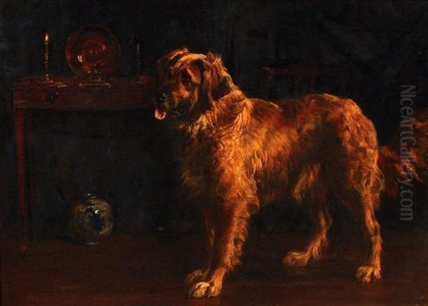 Wendy, Study Of A Retriever Dog In A Domestic Interior Oil Painting by Percy Thomas Macquoid