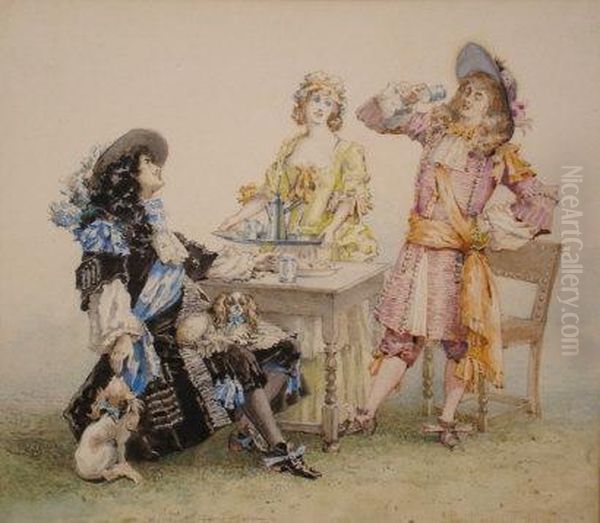 King Charles Ii & The Chocolate Girl - Royalty Seated With King Charles Spaniels At Table Oil Painting by Percy Thomas Macquoid