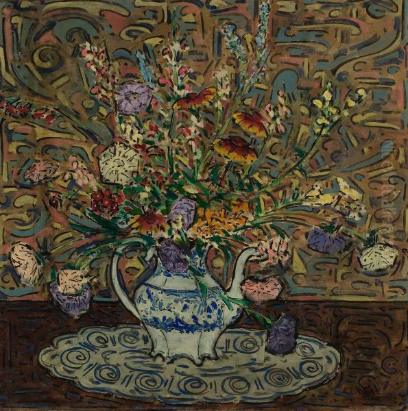 Bouquet Of Flowers In A Blue And White Teapot Oil Painting by Elmer Livingston Macrae