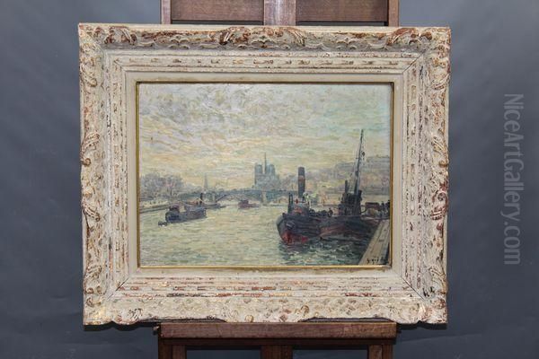 Peniche Amarree Sur La Seine A Paris Oil Painting by Gustave Madelain