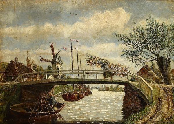 Houtsprokkelaarster Op De Brug. Oil Painting by Adrien Jean Madyol Madiol