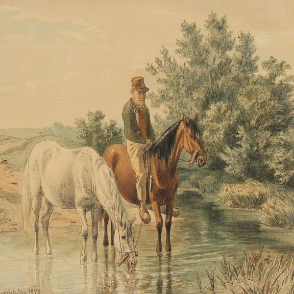 Watering The Horses Oil Painting by Andreas Peter Madsen