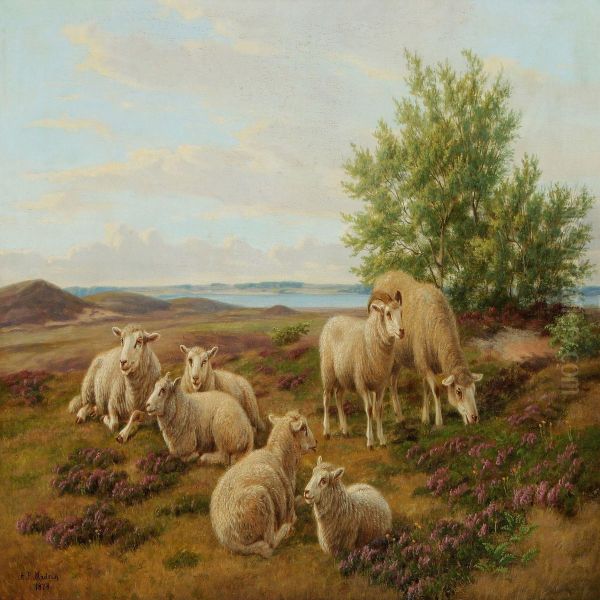 Sheeps In The Field With Flowering Heather Oil Painting by Andreas Peter Madsen