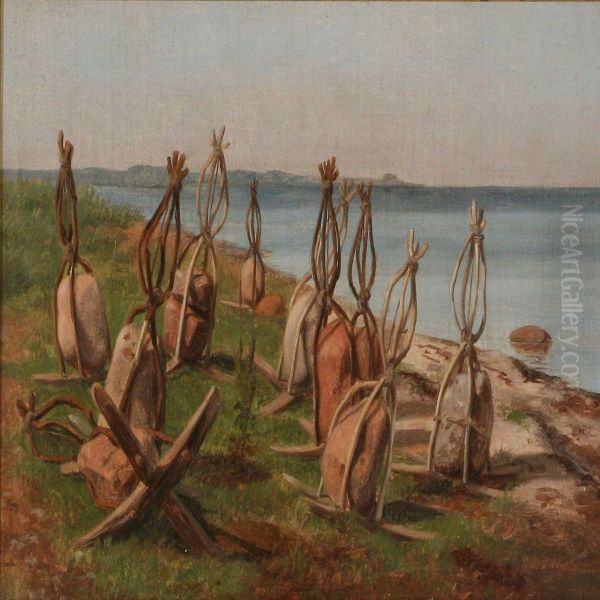 Coastal Scene With Sinkers On The Beach Oil Painting by Andreas Peter Madsen