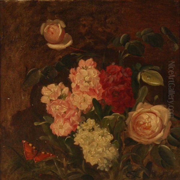 A Bunch Of Flowers And A Butterfly Oil Painting by Andreas Peter Madsen