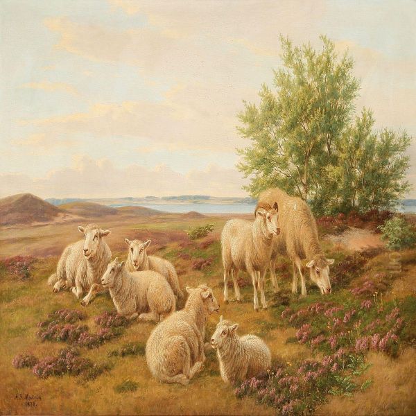 Grazing Sheep Oil Painting by Andreas Peter Madsen