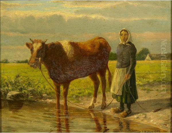 Landscape With Cow Herder Oil Painting by Andreas Peter Madsen