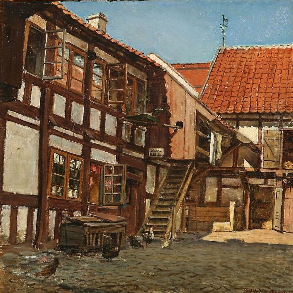 Yard Exterior From Randers, Denmark Oil Painting by Karl Madsen