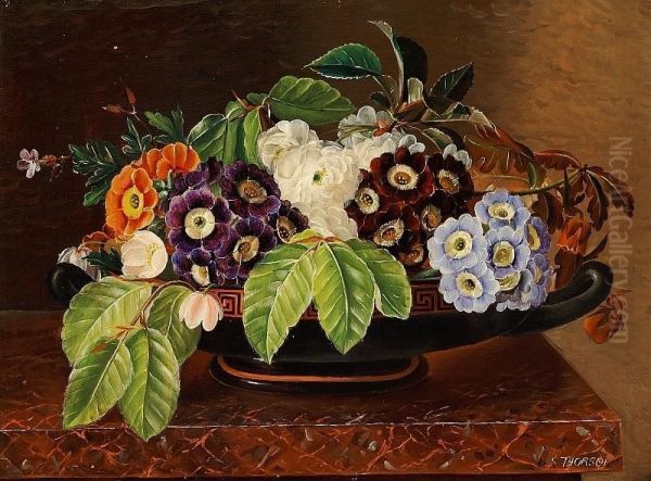 F. Thorsoe: Primula And Fresh Beech Twigs In A Greek Bowl Oil Painting by Sophie Madsen