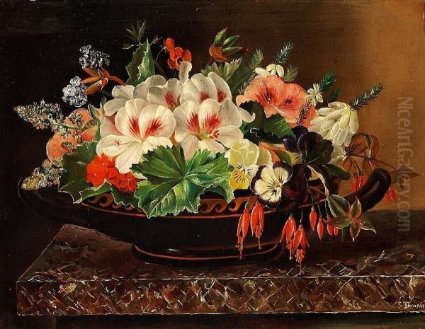 F. Thorsoe: Flowers In A Greek Bowl Oil Painting by Sophie Madsen