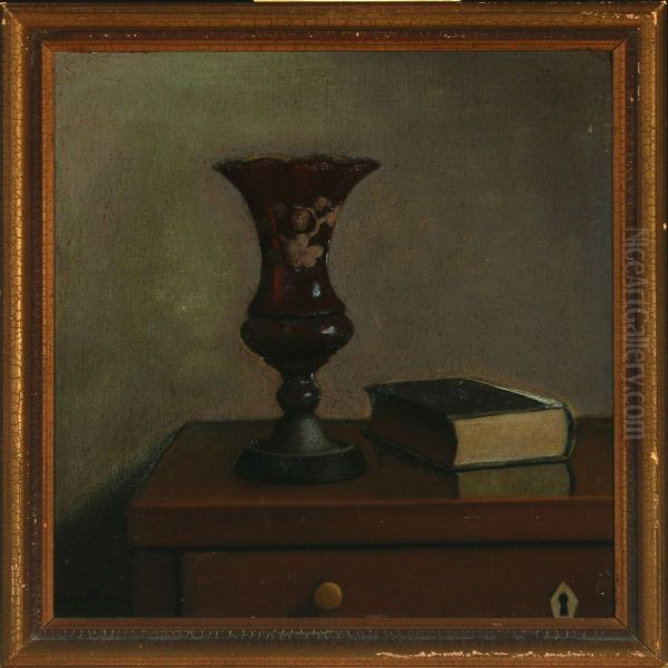 Opstilling Medrodt Glas Oil Painting by Jeppe Madsen-Ohlsen