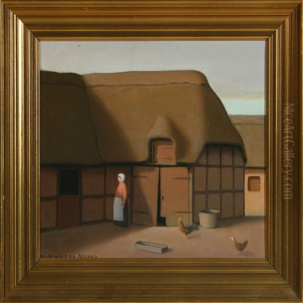 Girl And Two Roosters In A Courtyard Oil Painting by Jeppe Madsen-Ohlsen