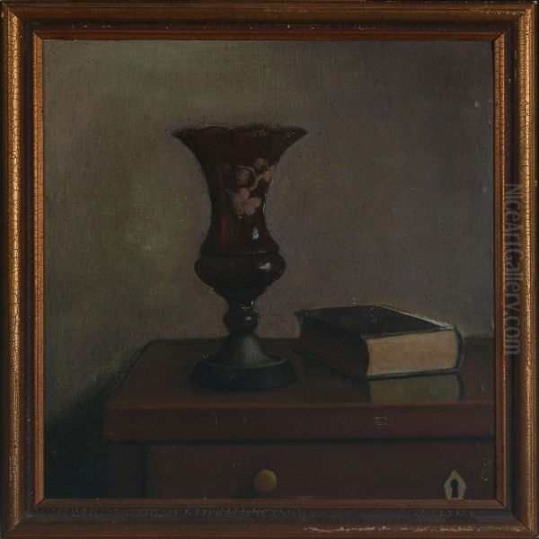 Opstilling Med Rodt Glas Oil Painting by Jeppe Madsen-Ohlsen